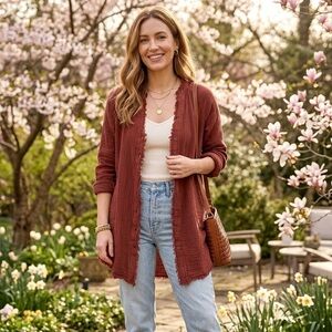 100% Cotton Gauze Tunic w/ Raw-Edge-Boho Indie Cottagecore - Rust/Brick - Size S